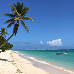 Caribbean Holidays, Haiti November Holidays, Quiet Caribbean beach in Haiti with palm-fringed shore, clear sea and a small local fishing boat