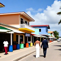 Caribbean Holidays, Haiti November Weddings, Couple exploring a colourful Haitian coastal town after their wedding, with local architecture, market stalls and welcoming residents