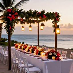 Caribbean Holidays, Haiti November Weddings, Elegant Haitian wedding reception at sunset, with long tables, tropical flowers, lanterns and the Caribbean sea in the background