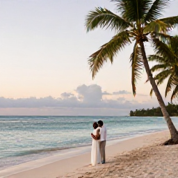 Caribbean Holidays, Haiti November Weddings, Newlyweds celebrating beside a quiet Caribbean beach in Haiti in November, with warm light, palm trees and calm turquoise water