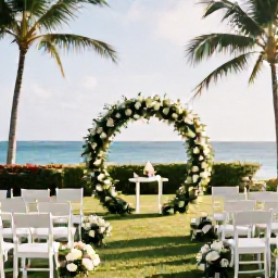 Caribbean Holidays, Haiti November Weddings, Romantic Haitian wedding ceremony in a tropical garden overlooking the sea, with simple white chairs, flowers and soft November sunshine