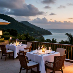 Caribbean Holidays, Haiti October Holidays, A stylish Haitian hotel terrace overlooking lush hills and the sea, prepared for an October evening