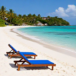 Caribbean Holidays, Haiti October Holidays, Adults enjoying a peaceful Haitian beach with comfortable loungers, clear water and tropical greenery in the background