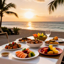 Caribbean Holidays, Haiti October Holidays, An elegant Haitian dinner table with fresh seafood, tropical fruit and local dishes at sunset