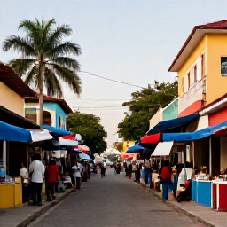 Caribbean Holidays, Haiti October Holidays, Colourful Haitian street scene in October with local people, market stalls, tropical buildings and warm afternoon light