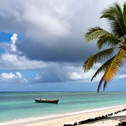 Caribbean Holidays, Haiti October Holidays, Quiet Haitian Caribbean beach in October with turquoise water, palm trees, a small fishing boat and soft clouds after a tropical shower