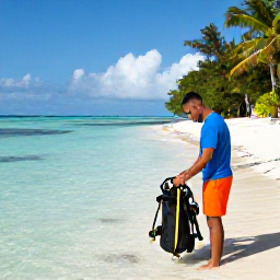 Caribbean Holidays, Haiti Scuba Diving, A friendly local dive guide preparing scuba equipment beside a tropical beach in Haiti
