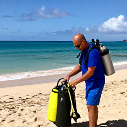 Caribbean Holidays, Haiti Scuba Diving, A friendly local dive guide preparing scuba equipment beside a tropical Haitian beach in May