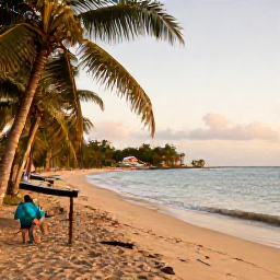 Caribbean Holidays, Haiti Scuba Diving, A peaceful Haitian coastal village and beach after a day of scuba diving, with palm trees and warm late-afternoon light