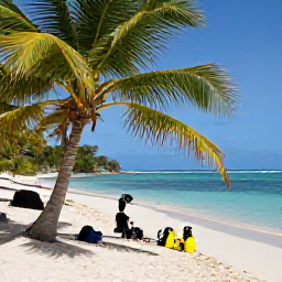 Caribbean Holidays, Haiti Scuba Diving, A relaxed Haitian coastal scene with palm trees, a sandy beach and divers preparing equipment beside the sea