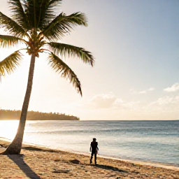 Caribbean Holidays, Haiti Scuba Diving, A relaxed Haitian seaside scene with a diver returning to shore, palm trees, warm sunshine and calm blue water