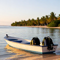 Caribbean Holidays, Haiti Scuba Diving, A small dive boat leaving a palm-fringed Haitian coast in calm morning light, with scuba equipment on board