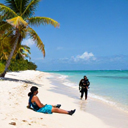 Caribbean Holidays, Haiti Scuba Diving, A traveller relaxing on a quiet Haitian beach after scuba diving, with palm trees and turquoise water