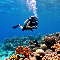 Caribbean Holidays, Haiti Scuba Diving, Clear turquoise Caribbean water over a colourful coral reef near Haiti, with a scuba diver exploring the scene in bright February sunshine