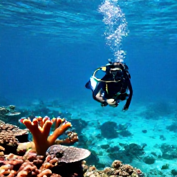 Caribbean Holidays, Haiti Scuba Diving, Clear turquoise Caribbean water over a colourful coral reef near Haiti, with a scuba diver exploring the seafloor in December sunshine