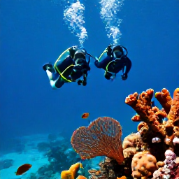 Caribbean Holidays, Haiti Scuba Diving, Divers descending beside a Haitian reef, with sponges, sea fans and tropical fish visible in clear blue water