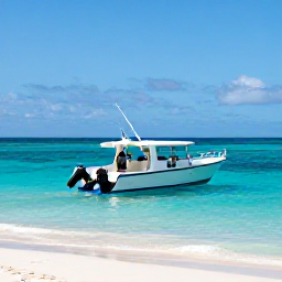 Caribbean Holidays, Haiti Scuba Diving, Friendly dive boat preparing to leave a tropical Haitian beach for a scuba diving trip