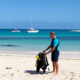 Caribbean Holidays, Haiti Scuba Diving, Friendly local dive guide preparing scuba equipment beside a sunny Haitian beach, with boats and tropical sea in the background