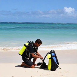 Caribbean Holidays, Haiti Scuba Diving, Friendly local dive guide preparing scuba equipment beside a sunny Haitian beach