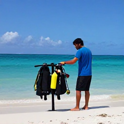 Caribbean Holidays, Haiti Scuba Diving, Friendly local dive guide preparing scuba equipment beside a tropical Haitian shoreline on a sunny February day