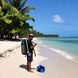 Caribbean Holidays, Haiti Scuba Diving, Friendly scuba diving guide checking equipment beside a tropical beach in Haiti