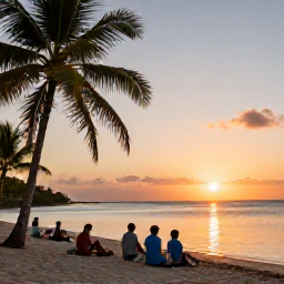 Caribbean Holidays, Haiti Scuba Diving, Haitian beach at sunset with calm Caribbean water, palm trees and a small group of travellers relaxing after a day of diving