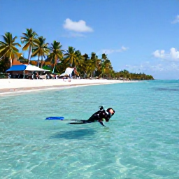 Caribbean Holidays, Haiti Scuba Diving, Haitian coastal village and palm-lined beach beside clear turquoise sea in warm July light