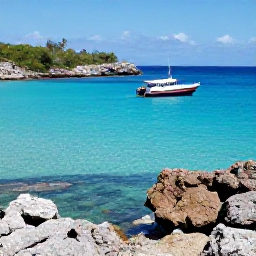 Caribbean Holidays, Haiti Scuba Diving, Haitian dive boat approaching a quiet tropical bay with rugged coastline and turquoise Caribbean water in February sunshine