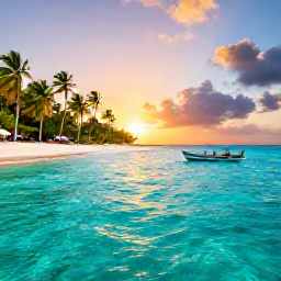 Caribbean Holidays, Haiti Scuba Diving, Peaceful Haitian coastline at sunset with turquoise water, palm trees and a small fishing boat