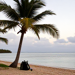 Caribbean Holidays, Haiti Scuba Diving, Relaxed beach scene in Haiti after a morning scuba dive, with palm trees, calm sea and dive gear nearby