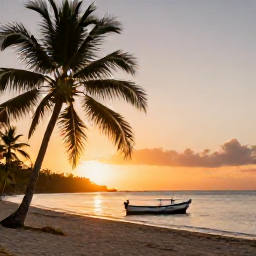Caribbean Holidays, Haiti Scuba Diving, Relaxed Haitian coastline at sunset with palm trees, a small fishing boat and warm Caribbean light