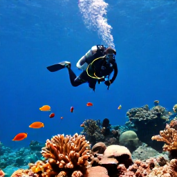 Caribbean Holidays, Haiti Scuba Diving, Scuba diver descending above a Haitian reef, with clear blue water, soft corals and schools of tropical fish