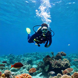 Caribbean Holidays, Haiti Scuba Diving, Scuba diver swimming above a shallow Caribbean reef in Haiti, surrounded by colourful fish and clear blue water