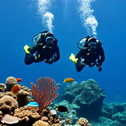 Caribbean Holidays, Haiti Scuba Diving, Scuba divers descending beside a Haitian coral reef with tropical fish, sea fans and clear visibility