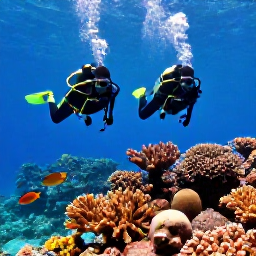 Caribbean Holidays, Haiti Scuba Diving, Scuba divers swimming above a colourful coral reef with tropical fish in the clear waters off Haiti