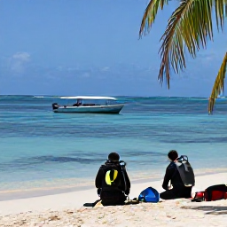 Caribbean Holidays, Haiti Scuba Diving, Small dive boat approaching a calm Haitian bay, with divers preparing equipment beside a sunny tropical shoreline