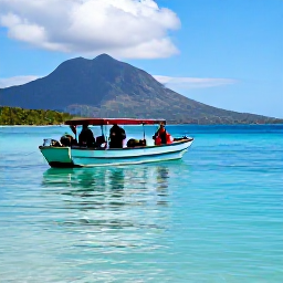 Caribbean Holidays, Haiti Scuba Diving, Small dive boat approaching a calm tropical bay in Haiti, with divers preparing equipment and mountains in the background