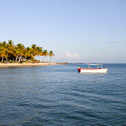 Caribbean Holidays, Haiti Scuba Diving, Small dive boat approaching a quiet Haitian bay on a sunny February morning, with palm-fringed coastline and calm Caribbean water