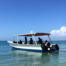 Caribbean Holidays, Haiti Scuba Diving, Small dive boat leaving a calm Haitian coastline in October sunshine, with divers preparing equipment