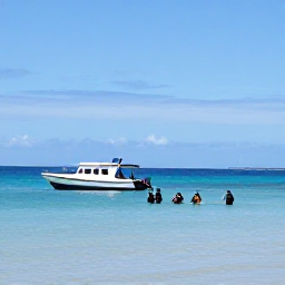 Caribbean Holidays, Haiti Scuba Diving, Small Haitian coastal dive boat approaching a calm bay, with snorkellers and scuba divers preparing for a reef excursion