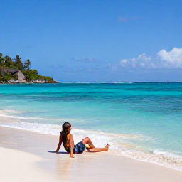 Caribbean Holidays, Haiti Scuba Diving, Traveller relaxing on a peaceful Haitian beach after scuba diving, with turquoise sea and tropical coastline