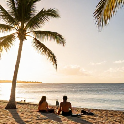 Caribbean Holidays, Haiti Scuba Diving, Travellers relaxing beside a Haitian beach after diving, with palm trees, warm sunlight and a peaceful coastal atmosphere