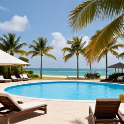 Caribbean Holidays, Haiti September Holidays, A relaxed Caribbean resort in Haiti during September, with palm trees, a swimming pool and a bright coastal sky