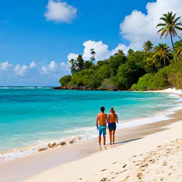 Caribbean Holidays, Haiti September Holidays, Couple enjoying a calm Caribbean beach in Haiti, with turquoise water, golden sand and tropical greenery in September