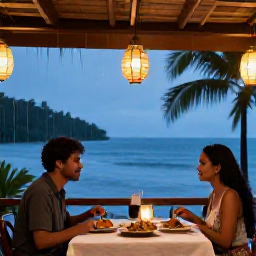 Caribbean Holidays, Haiti September Holidays, Romantic Haitian evening with a couple dining at an open-air restaurant, local dishes, lanterns and gentle tropical rain outside