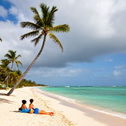 Caribbean Holidays, Haiti September Holidays, Tropical Haitian beach with palm trees, turquoise water and a couple relaxing on the sand under cloudy September skies
