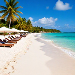 Caribbean Holidays, Haiti September Holidays, White sandy beach near a Haitian all-inclusive resort in September, turquoise water, sun loungers and lush tropical vegetation