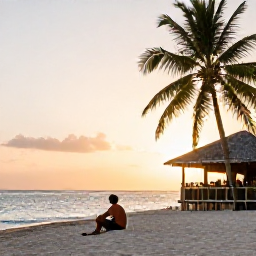 Caribbean Holidays, Haiti Solo Holidays, A calm Haitian beach at sunset with a solo traveller seated near the water, palm trees and a simple local restaurant nearby