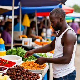 Caribbean Holidays, Haiti Solo Holidays, A friendly local guide helping a solo traveller choose Haitian food at a lively outdoor market in October