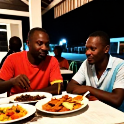 Caribbean Holidays, Haiti Solo Holidays, A friendly local guide sharing Haitian food with a solo traveller at an outdoor restaurant in the evening